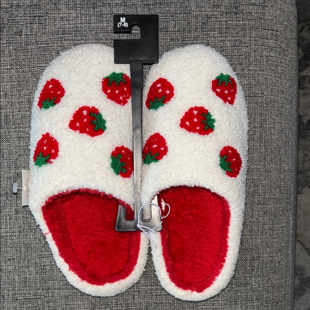Cozy Strawberry Patterned Slippers - Red and White